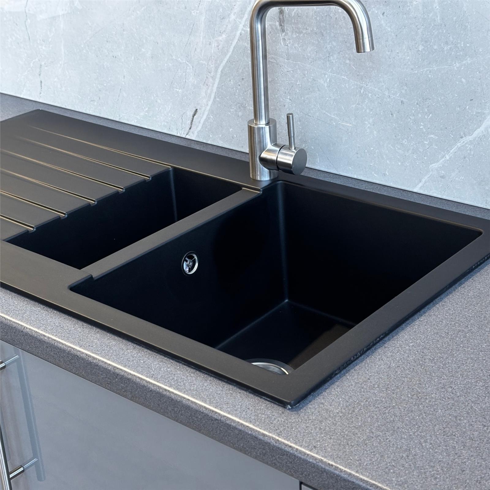 Liquida GRN150BL 1.5 Bowl Black Granite Reversible Kitchen Sink With Wastes